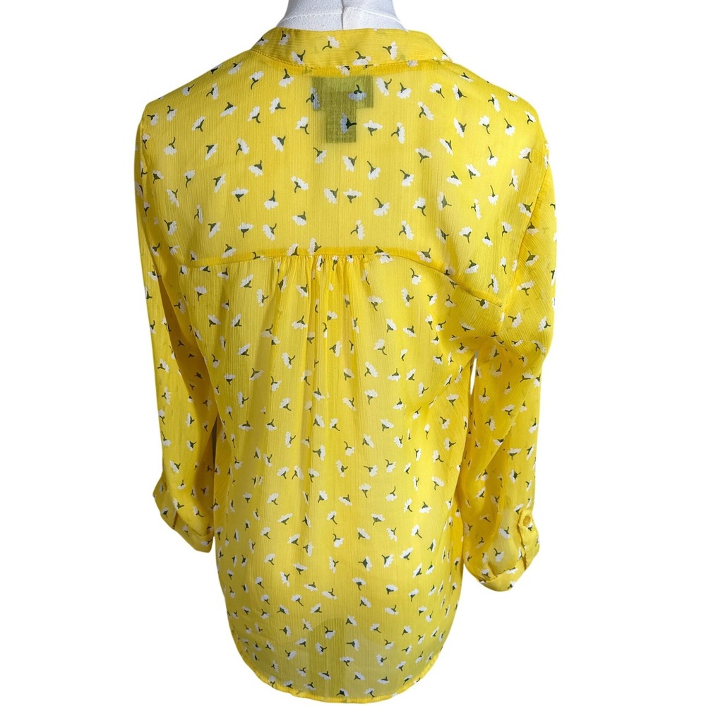 Cynthia Rowley Womens Yellow Floral Button Tab Sleeve Chiffon Blouse Size S - Picture 4 of 8